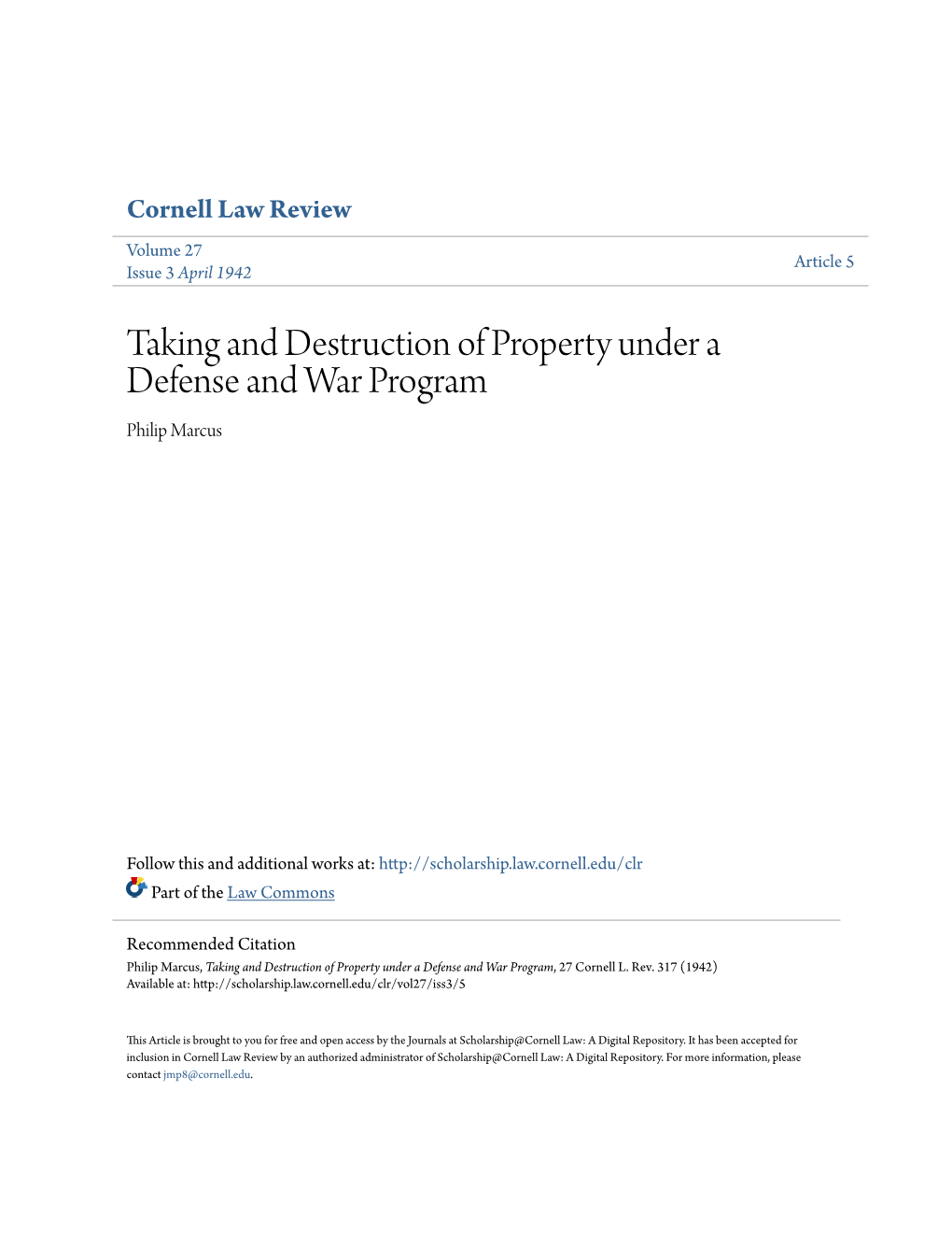 Taking and Destruction of Property Under a Defense and War Program Philip Marcus