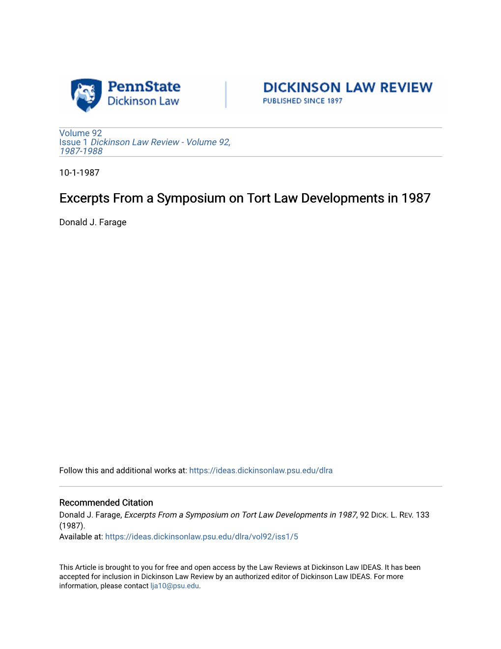 Excerpts from a Symposium on Tort Law Developments in 1987