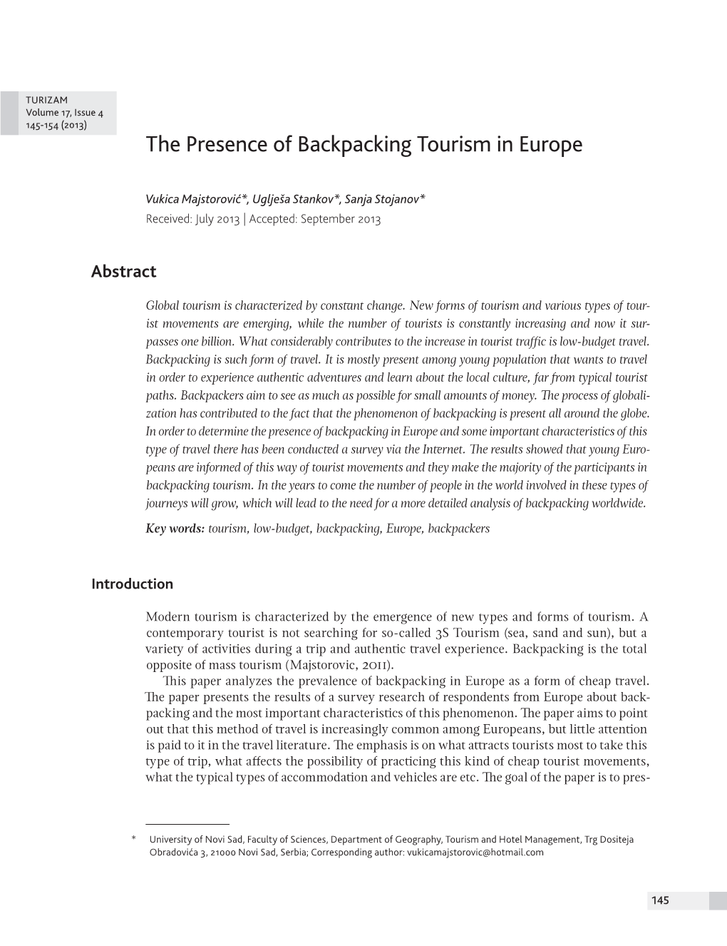 The Presence of Backpacking Tourism in Europe