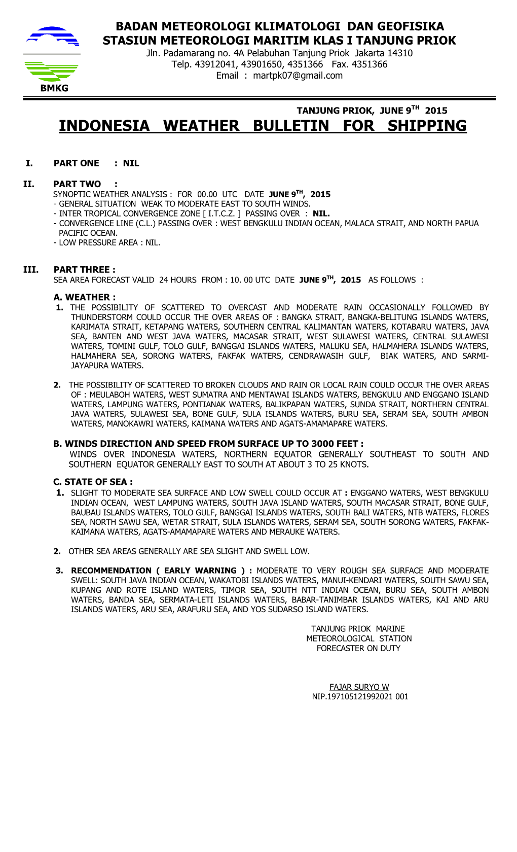 Indonesia Weather Bulletin for Shipping