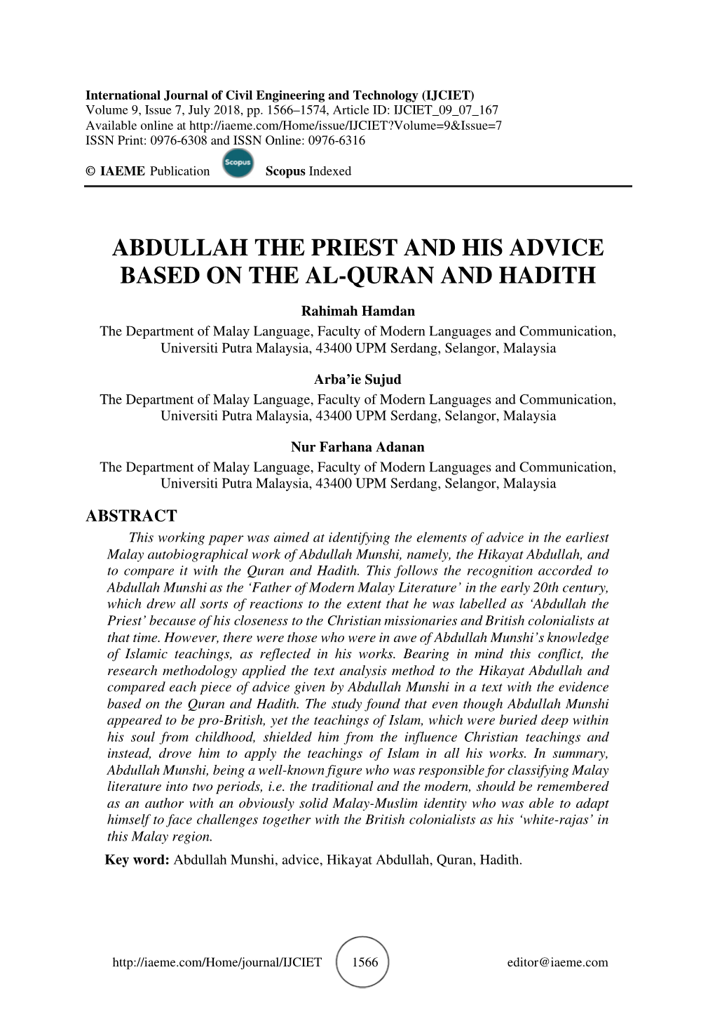 Abdullah the Priest and His Advice Based on the Al-Quran and Hadith