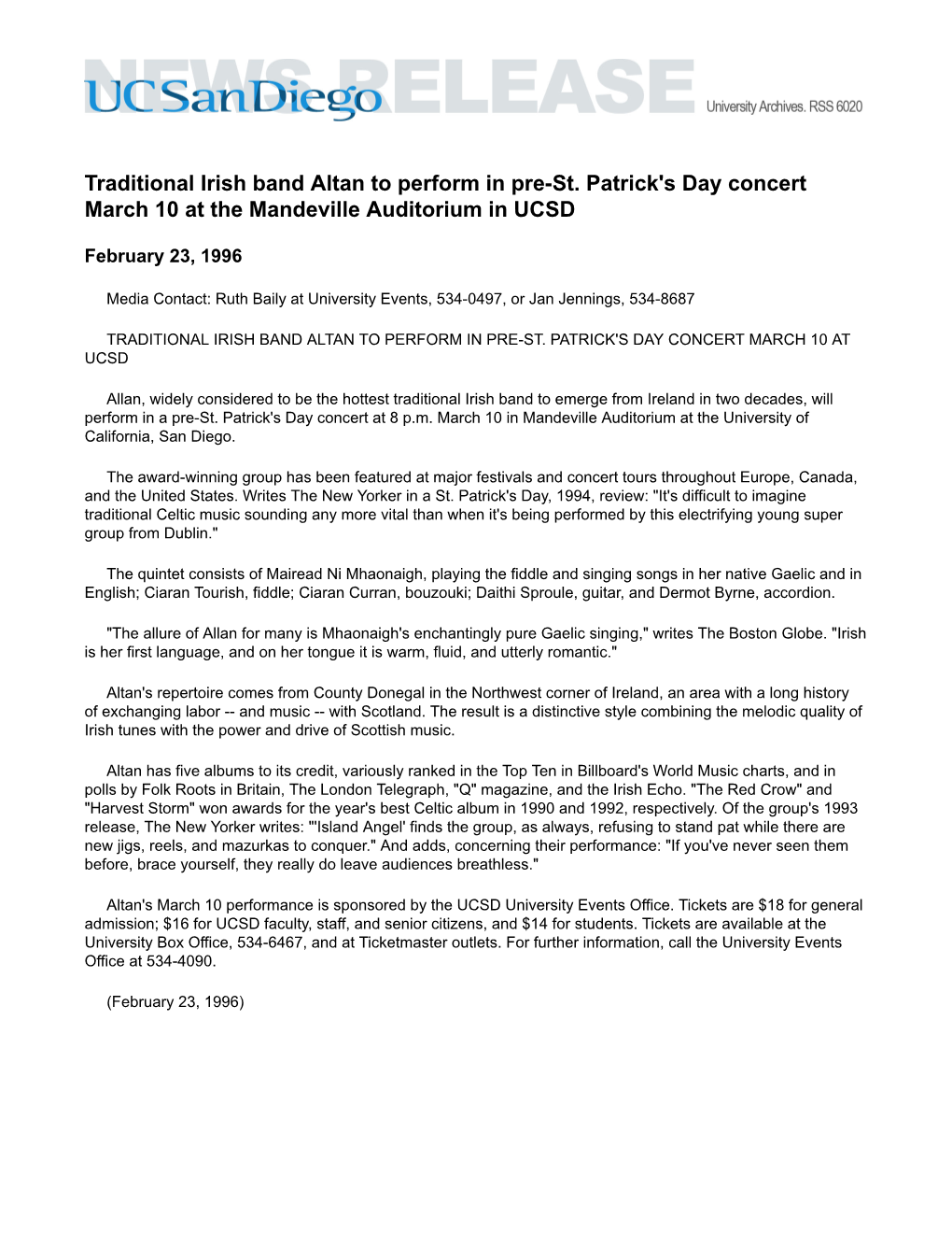 Traditional Irish Band Altan to Perform in Pre-St. Patrick's Day Concert March 10 at the Mandeville Auditorium in UCSD