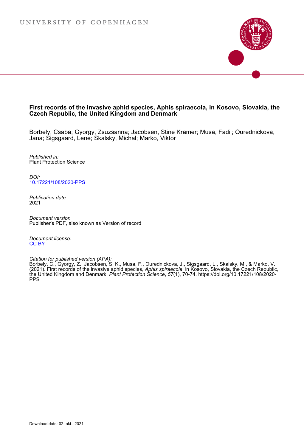 First Records of the Invasive Aphid Species, Aphis Spiraecola, in Kosovo, Slovakia, the Czech Republic, the United Kingdom and Denmark