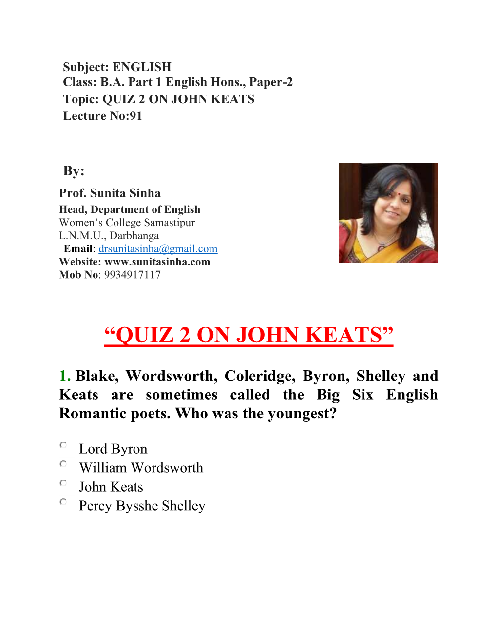 “Quiz 2 on John Keats”