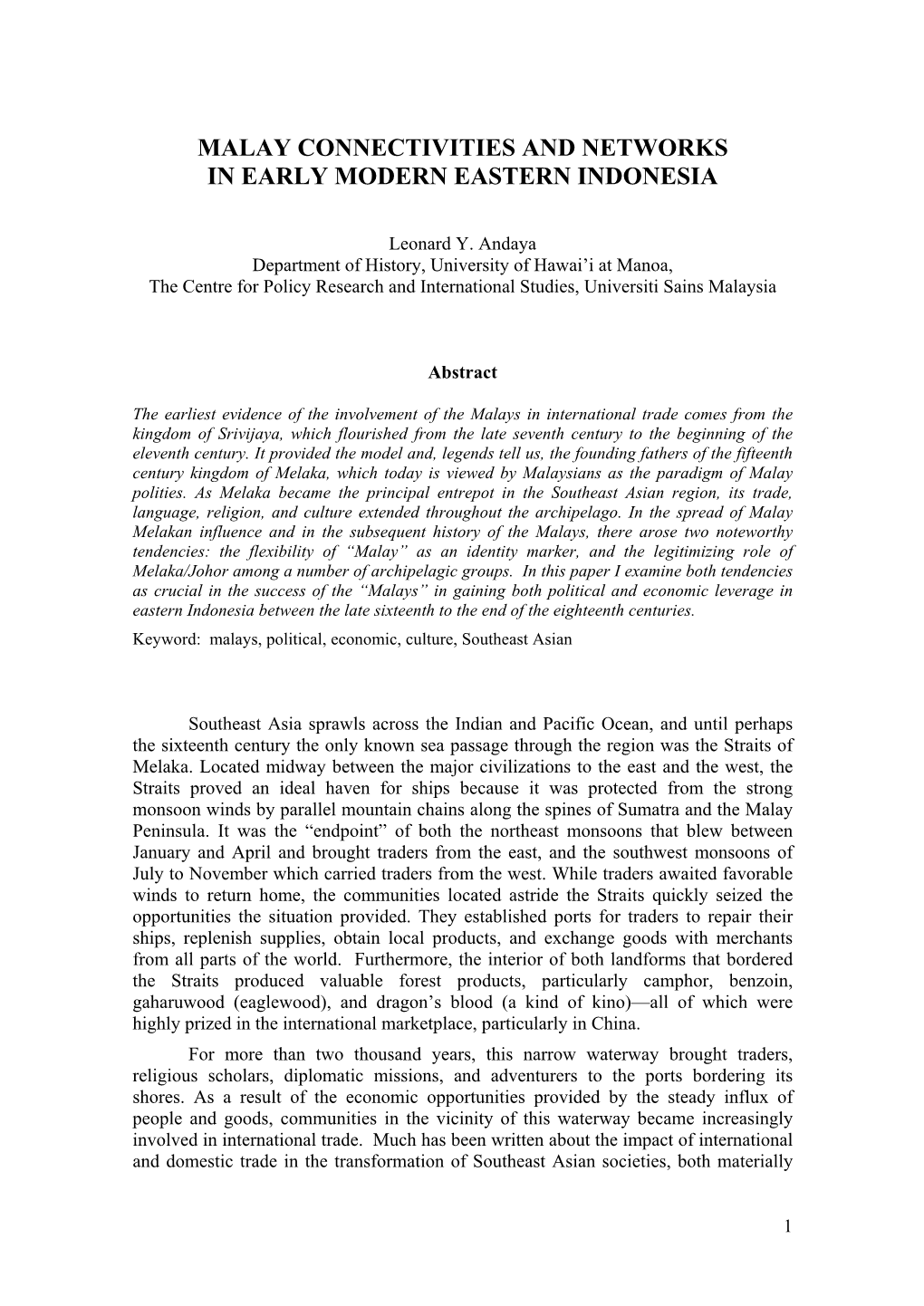 Malay Connectivities and Networks in Early Modern Eastern Indonesia