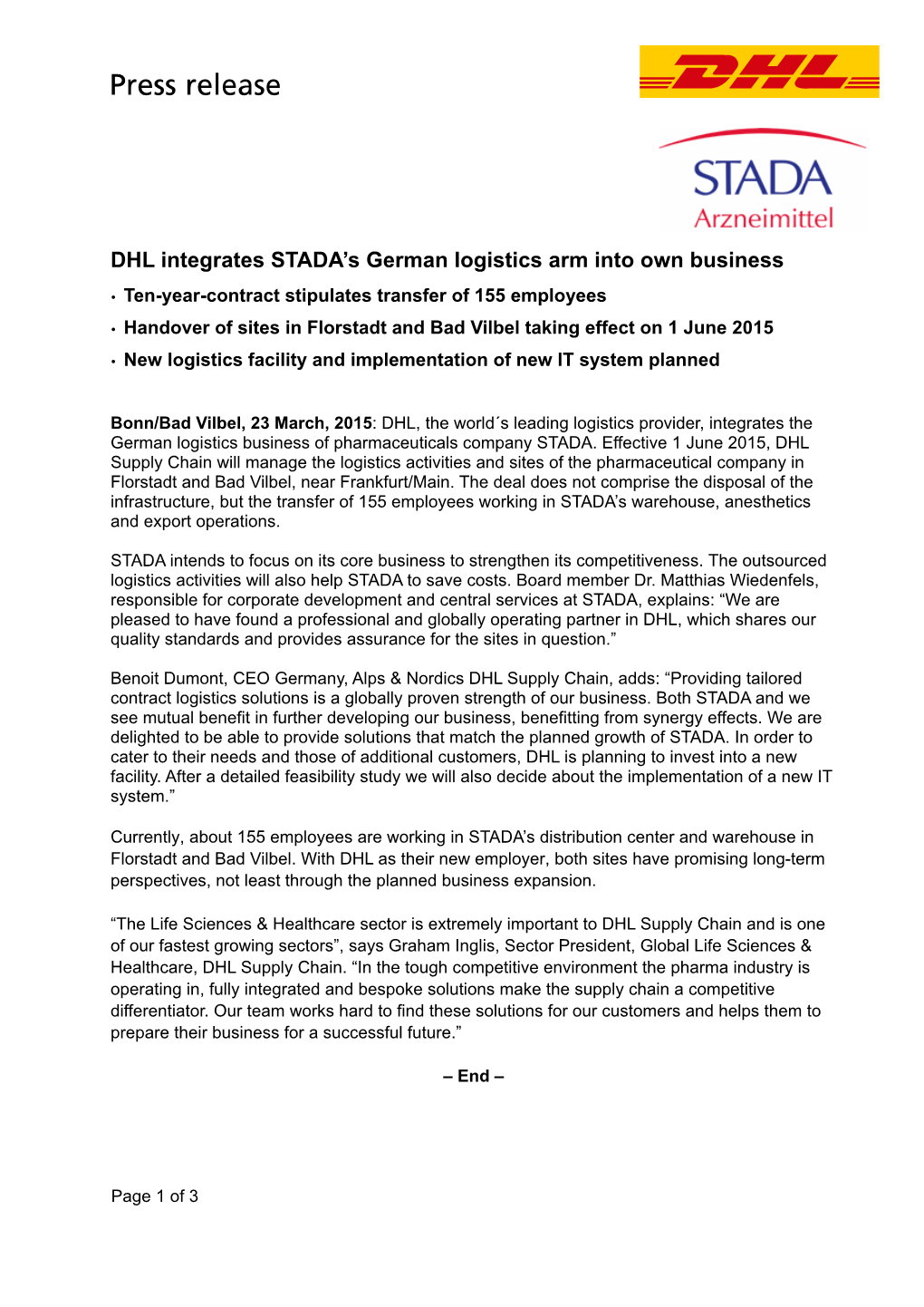 DHL Integrates STADA's German Logistics Arm Into Own Business