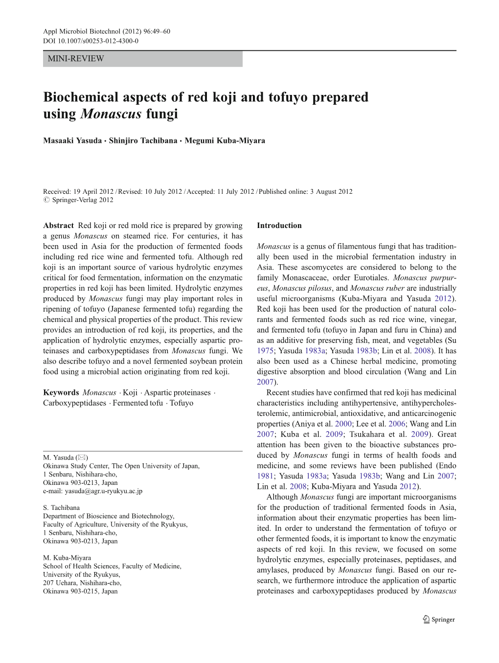 Biochemical Aspects of Red Koji and Tofuyo Prepared Using Monascus Fungi
