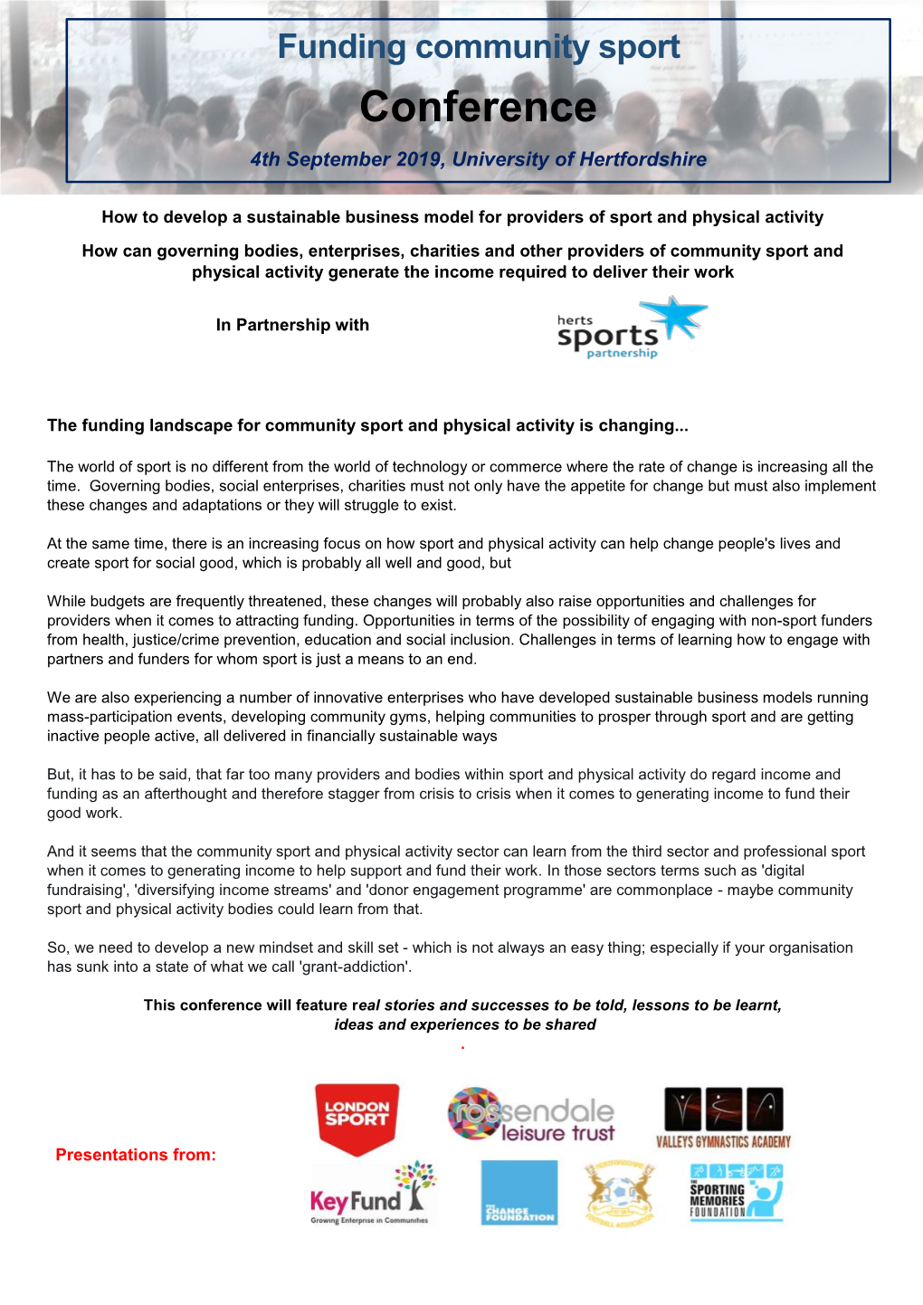 Funding Community Sport Conference 4Th September 2019, University of Hertfordshire