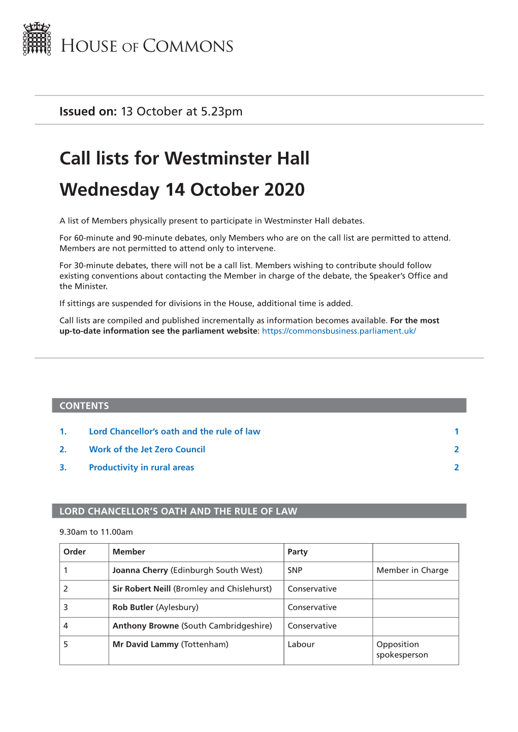 Call Lists for Westminster Hall Wednesday 14 October 2020