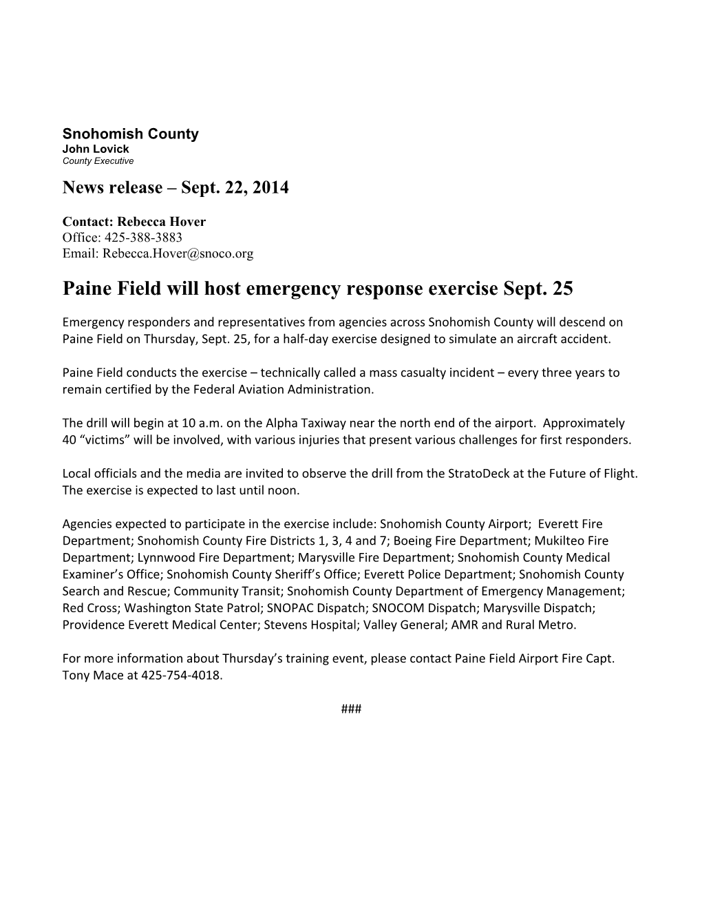 Paine Field Will Host Emergency Response Exercise Sept. 25