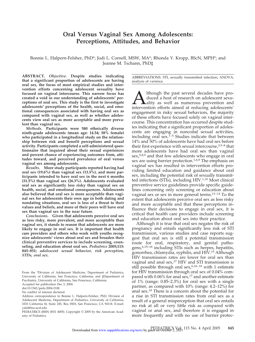 Oral Versus Vaginal Sex Among Adolescents: Perceptions, Attitudes, and Behavior