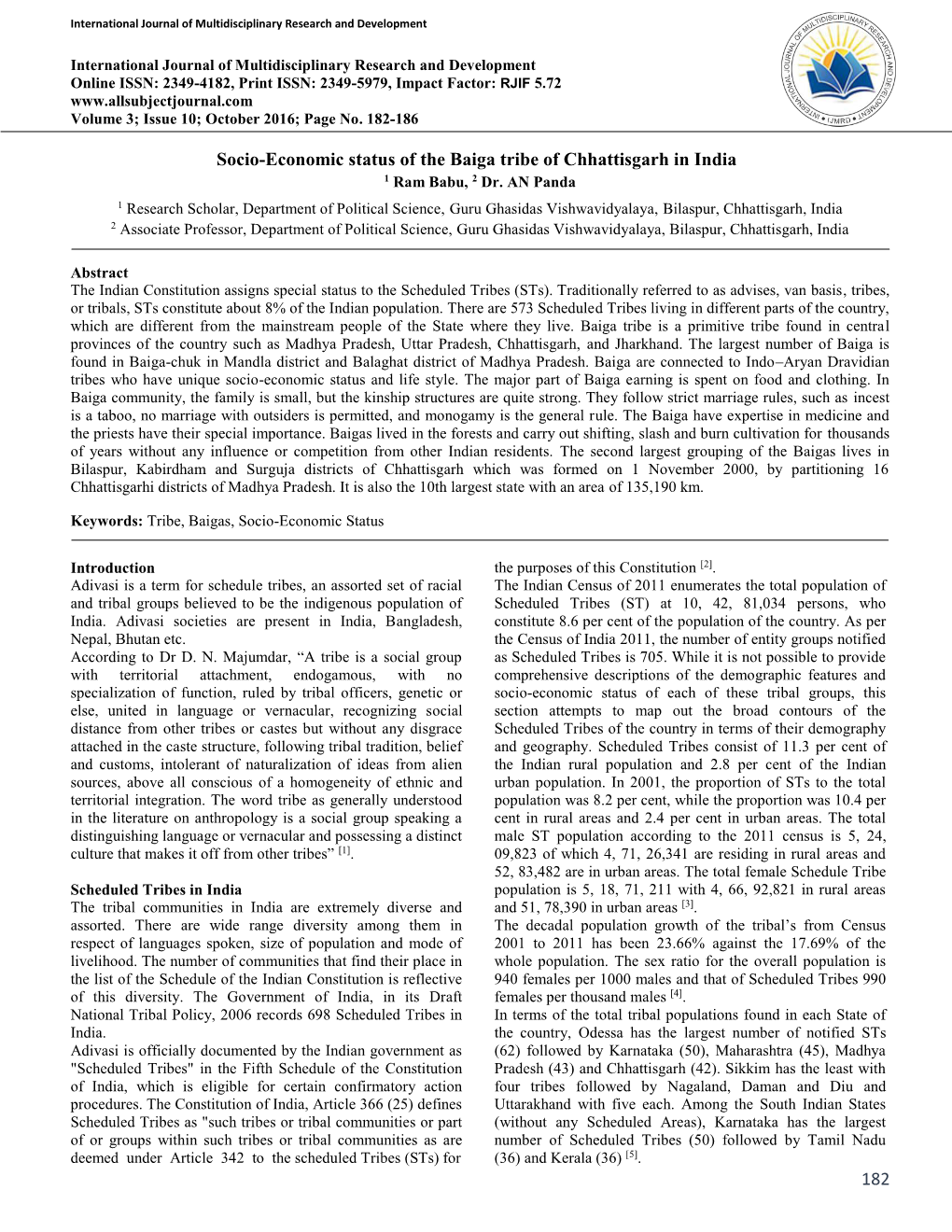 182 Socio-Economic Status of the Baiga Tribe of Chhattisgarh in India