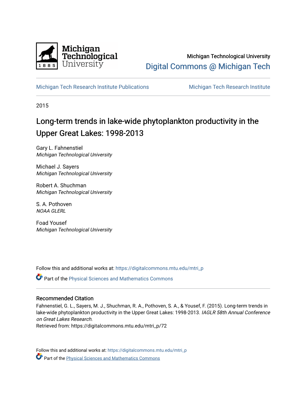 Long-Term Trends in Lake-Wide Phytoplankton Productivity in the Upper Great Lakes: 1998-2013