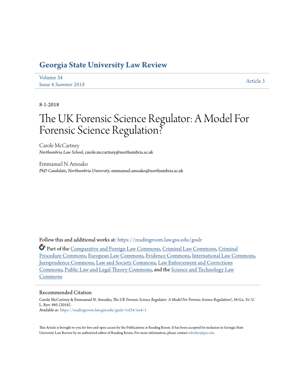 The UK Forensic Science Regulator: a Model for Forensic Science Regulation?, 34 Ga