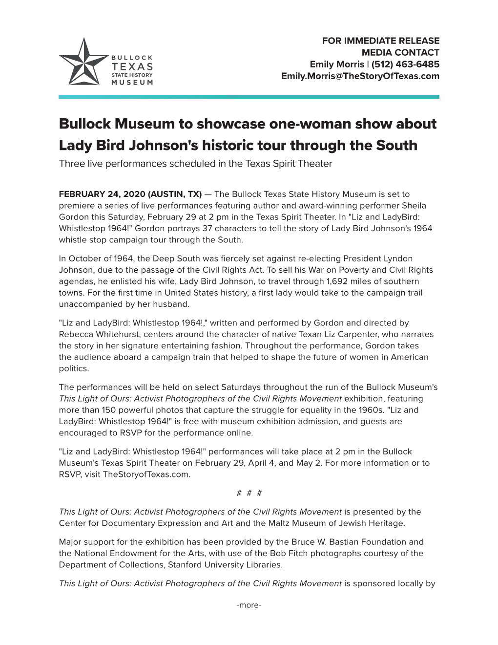 Bullock Museum to Showcase One-Woman Show About Lady Bird Johnson's Historic Tour Through the South Three Live Performances Scheduled in the Texas Spirit Theater