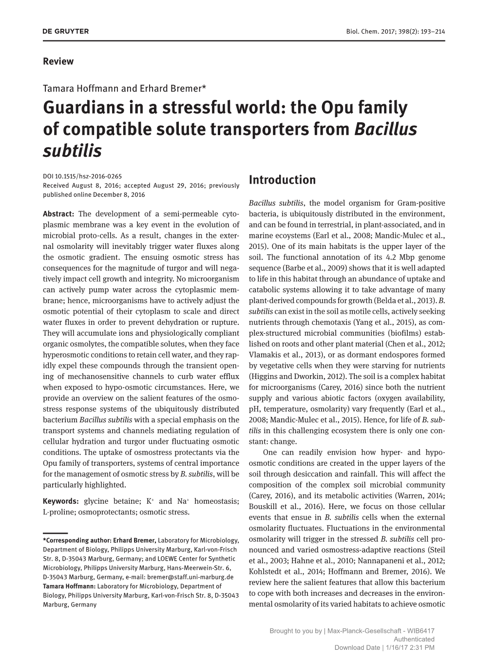 The Opu Family of Compatible Solute Transporters from Bacillus Subtilis