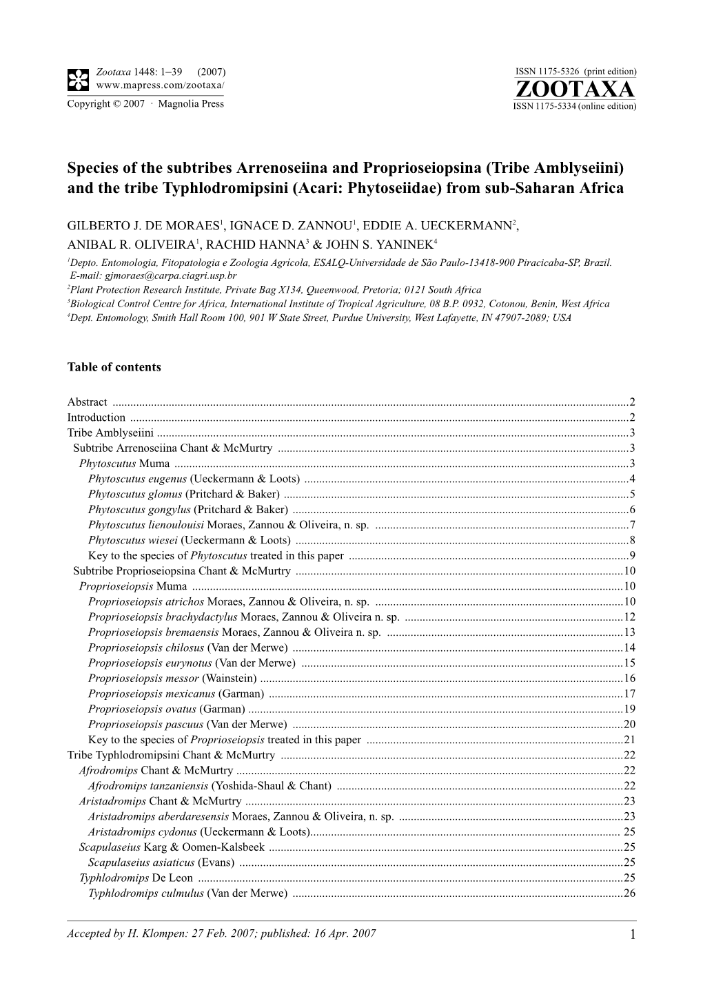 Zootaxa,Species of the Subtribes Arrenoseiina And