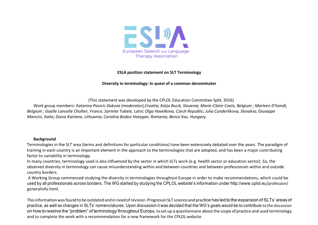 ESLA Position Statement on SLT Terminology Diversity In