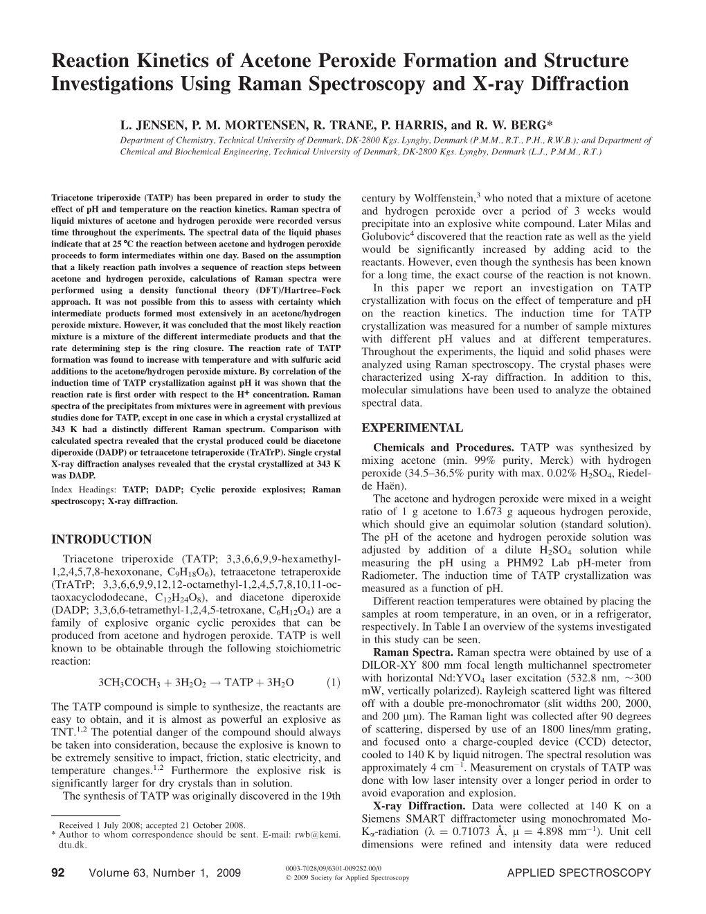 Reaction Kinetics of Acetone Peroxide Formation and Structure Investigations Using Raman Spectroscopy and X-Ray Diffraction