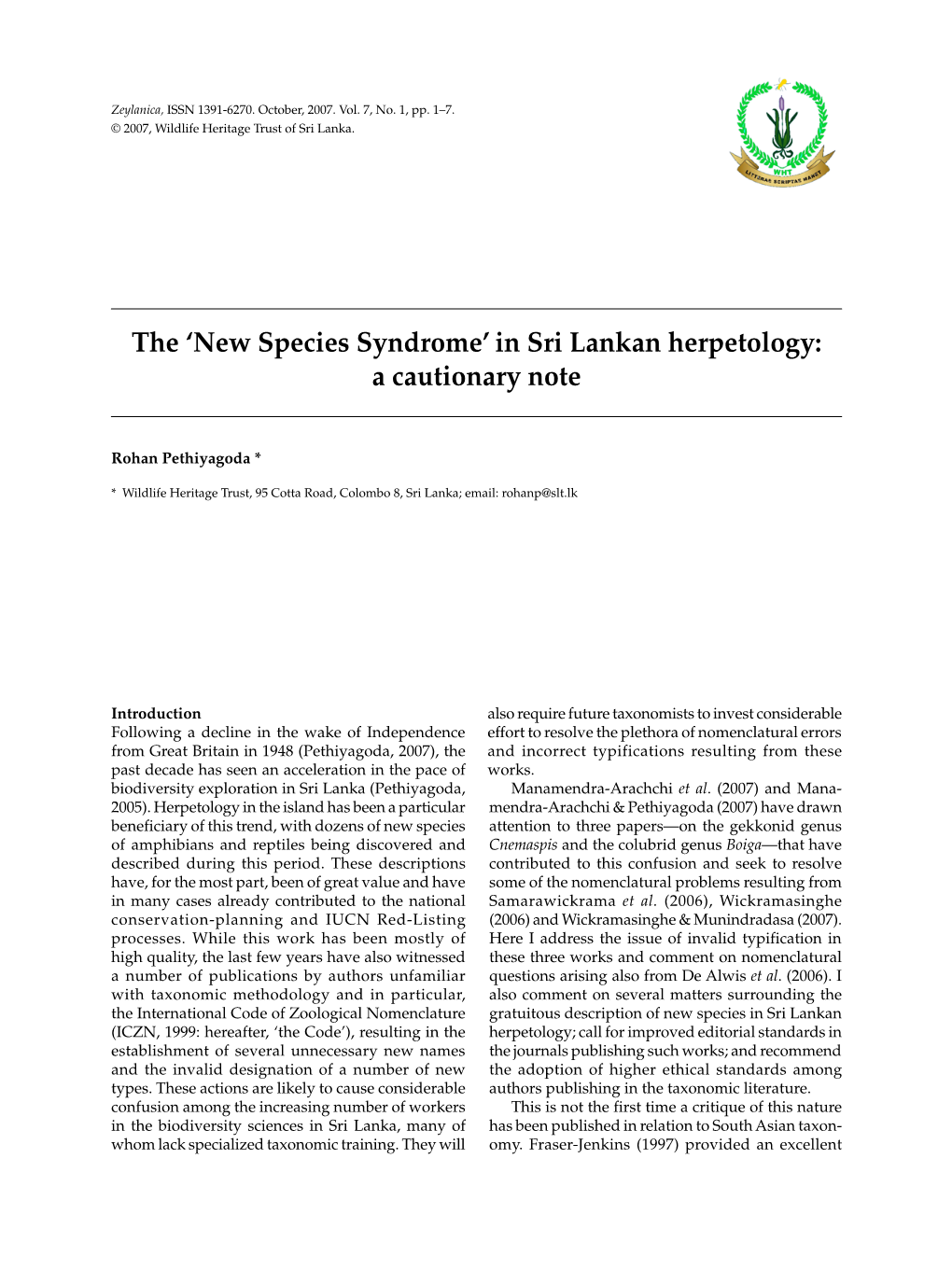 The 'New Species Syndrome' in Sri Lankan Herpetology: a Cautionary