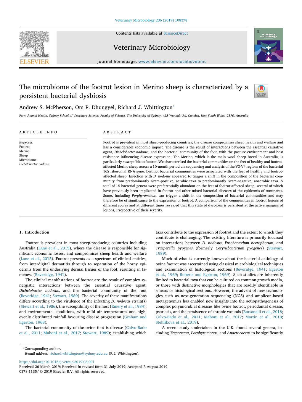 The Microbiome of the Footrot Lesion in Merino Sheep Is Characterized by a Persistent Bacterial Dysbiosis T ⁎ Andrew S