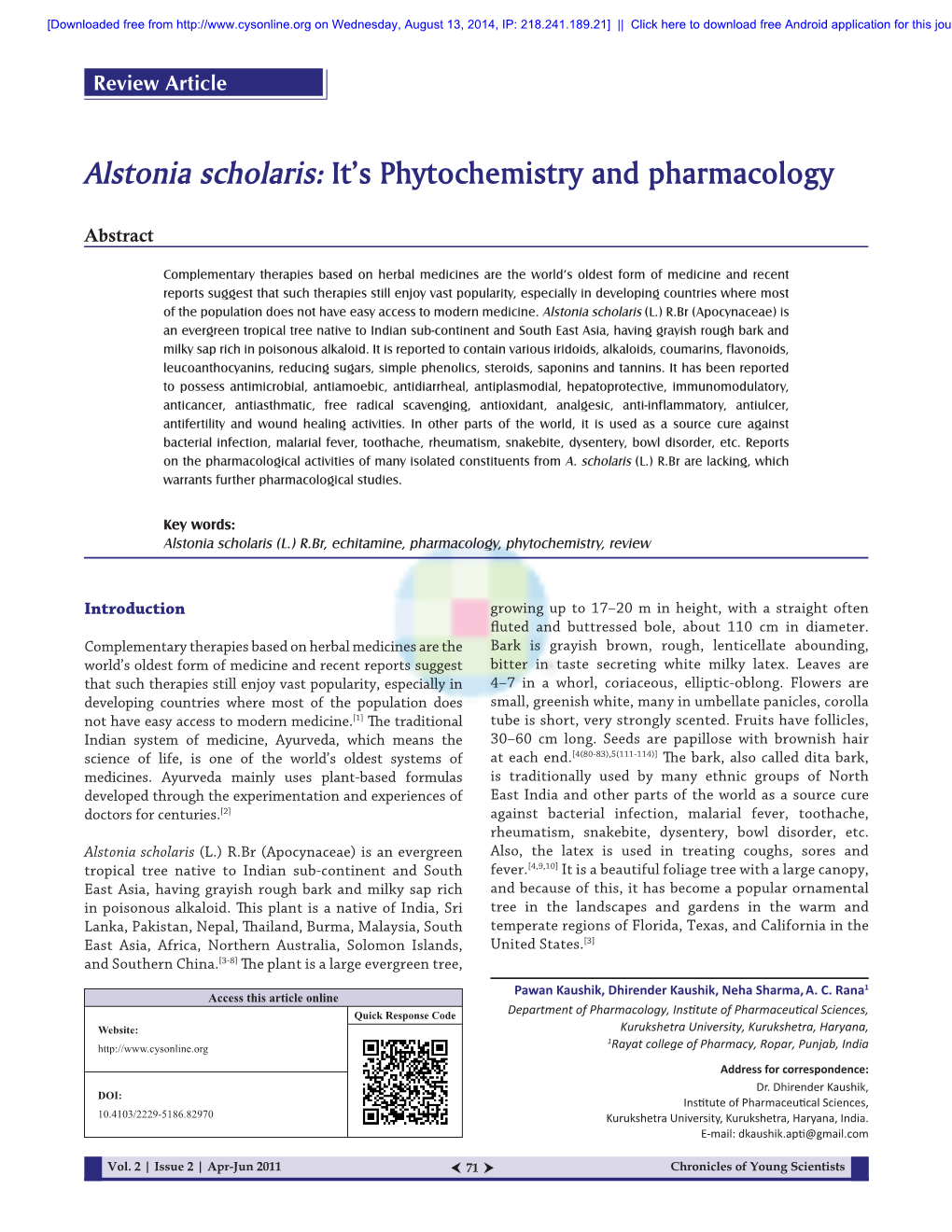 Alstonia Scholaris: It's Phytochemistry and Pharmacology