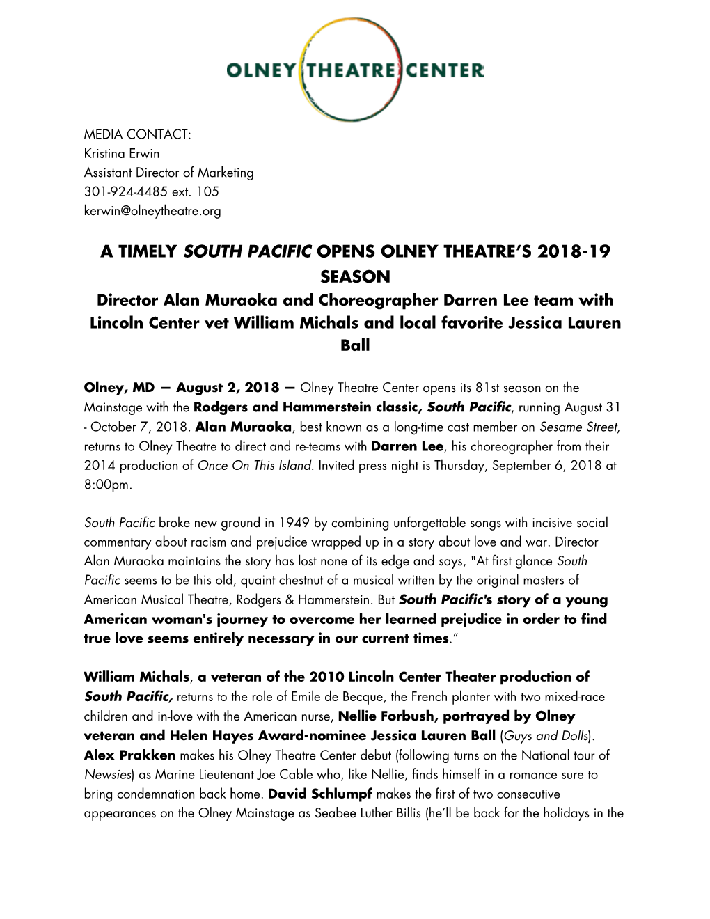 A Timely South Pacific Opens Olney Theatre's 2018-19