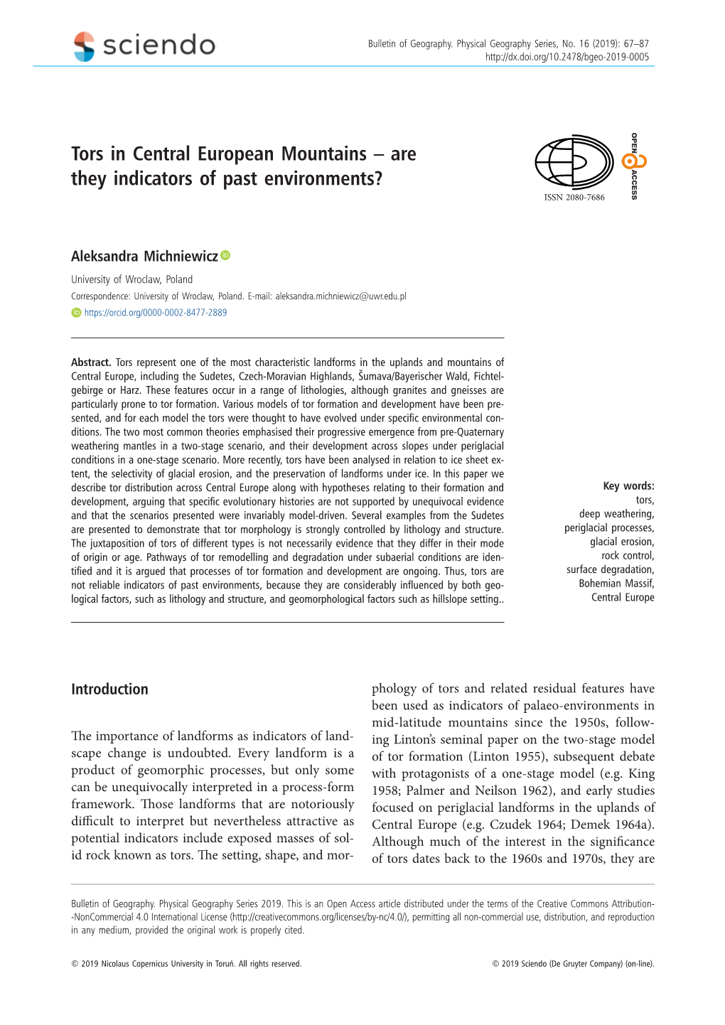 Tors in Central European Mountains – Are They Indicators of Past Environments? ISSN 2080-7686