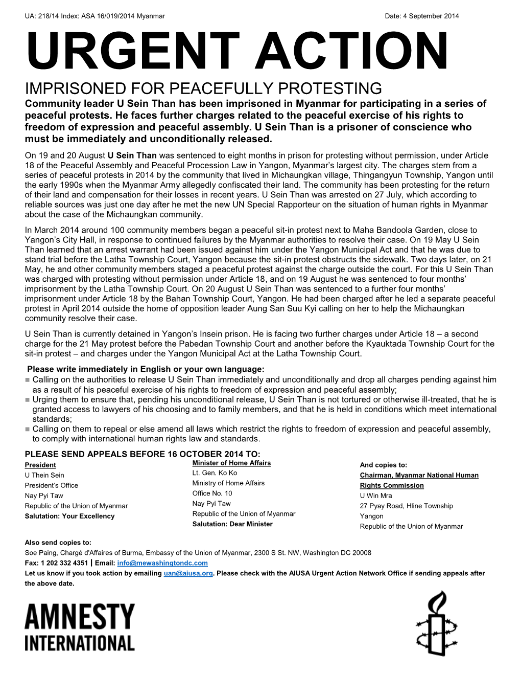 URGENT ACTION IMPRISONED for PEACEFULLY PROTESTING Community Leader U Sein Than Has Been Imprisoned in Myanmar for Participating in a Series of Peaceful Protests