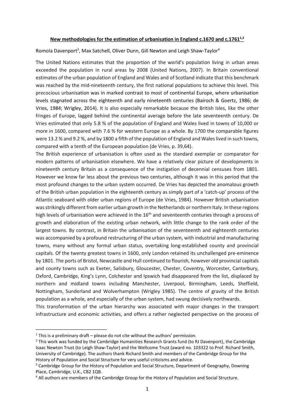 1 New Methodologies for the Estimation of Urbanisation in England C.1670 and C.17611,2 Romola Davenport3, Max Satchell, Oliver D