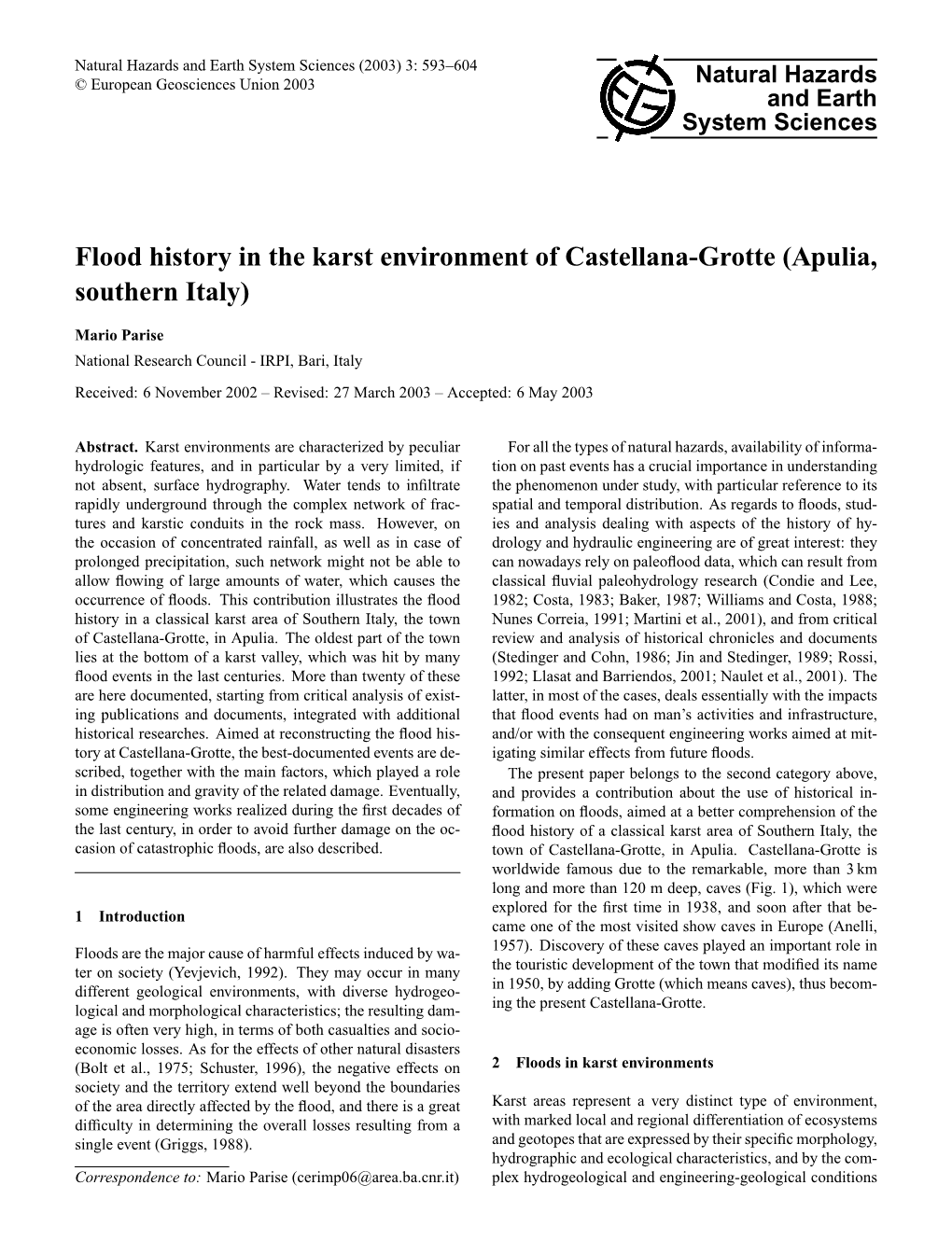 Flood History in the Karst Environment of Castellana-Grotte (Apulia, Southern Italy)