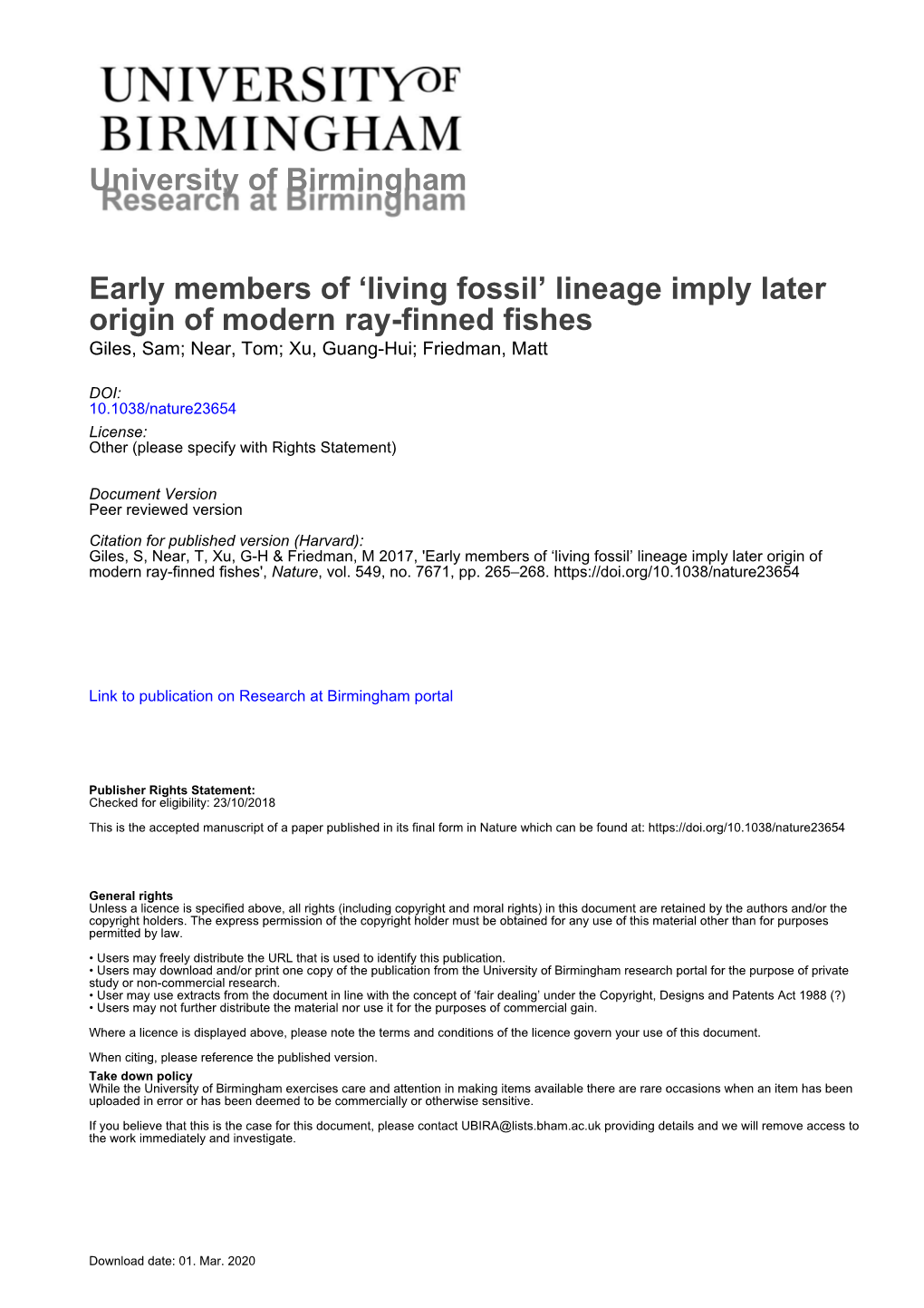 Lineage Imply Later Origin of Modern Ray-Finned Fishes Giles, Sam; Near, Tom; Xu, Guang-Hui; Friedman, Matt