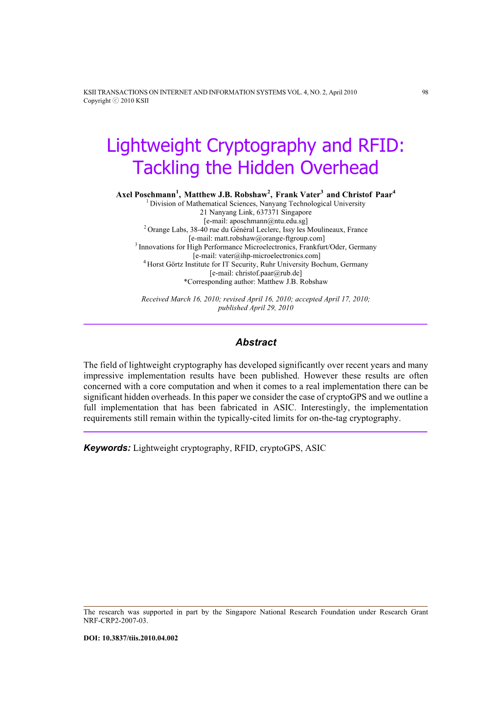 Lightweight Cryptography and RFID: Tackling the Hidden Overhead