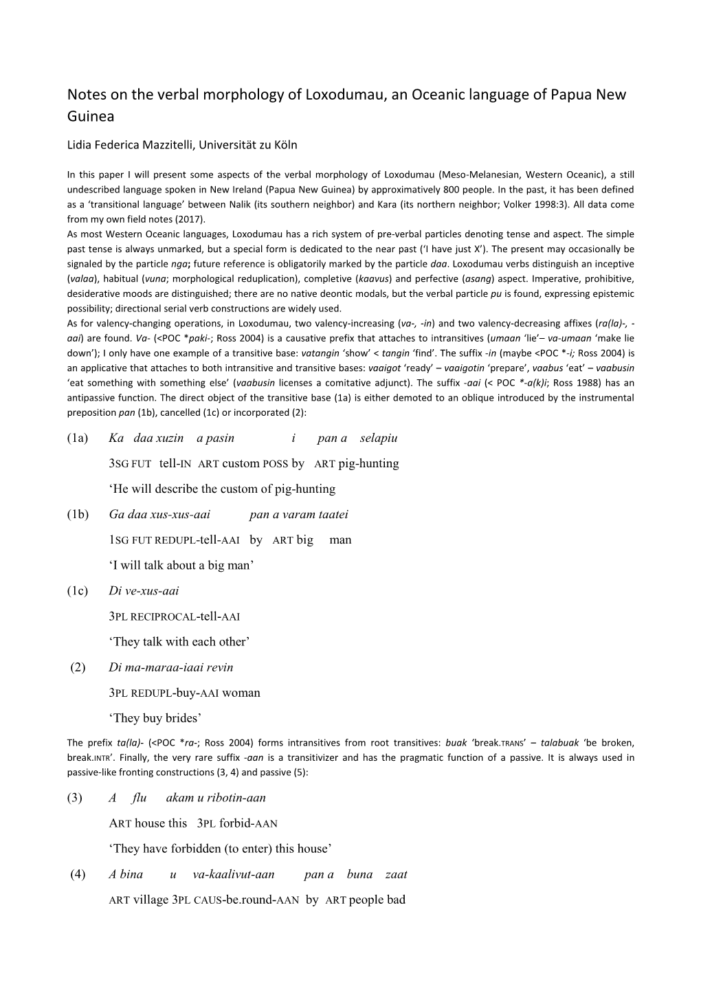 Notes on the Verbal Morphology of Loxodumau, an Oceanic Language of Papua New Guinea