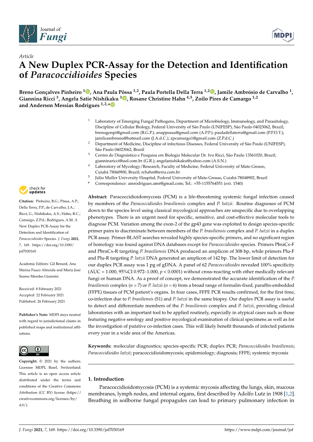 A New Duplex PCR-Assay for the Detection and Identification of Paracoccidioides Species