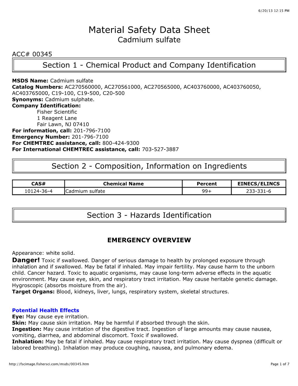 Material Safety Data Sheet Cadmium Sulfate