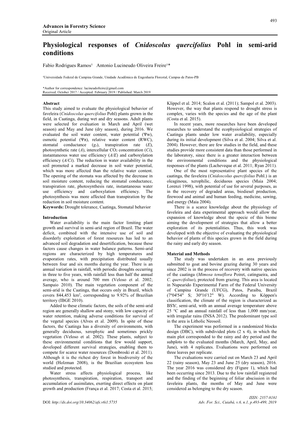 Physiological Responses of Cnidoscolus Quercifolius Pohl in Semi-Arid Conditions