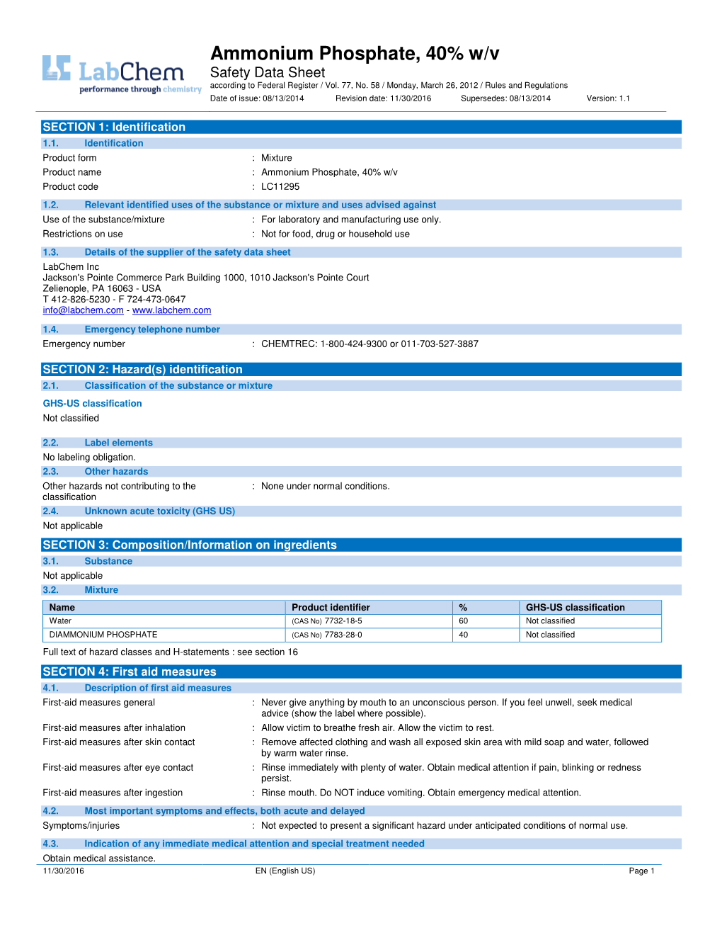 Ammonium Phosphate, 40% W/V Safety Data Sheet According to Federal Register / Vol