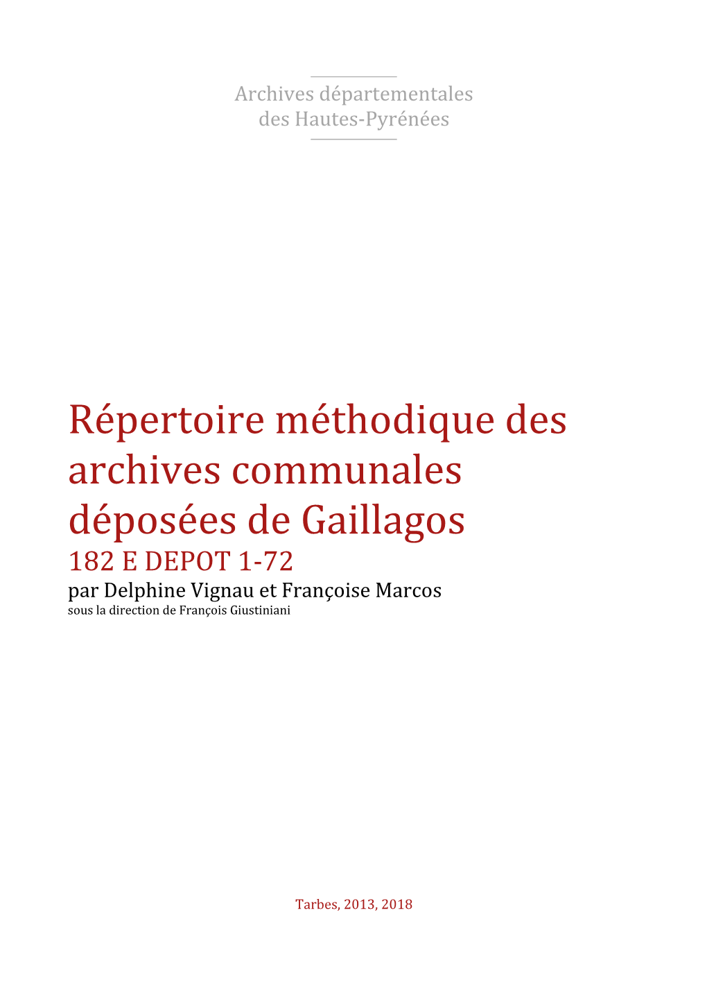 Répertoire Méthodique Des Archives Communales Déposées De Gaillagos