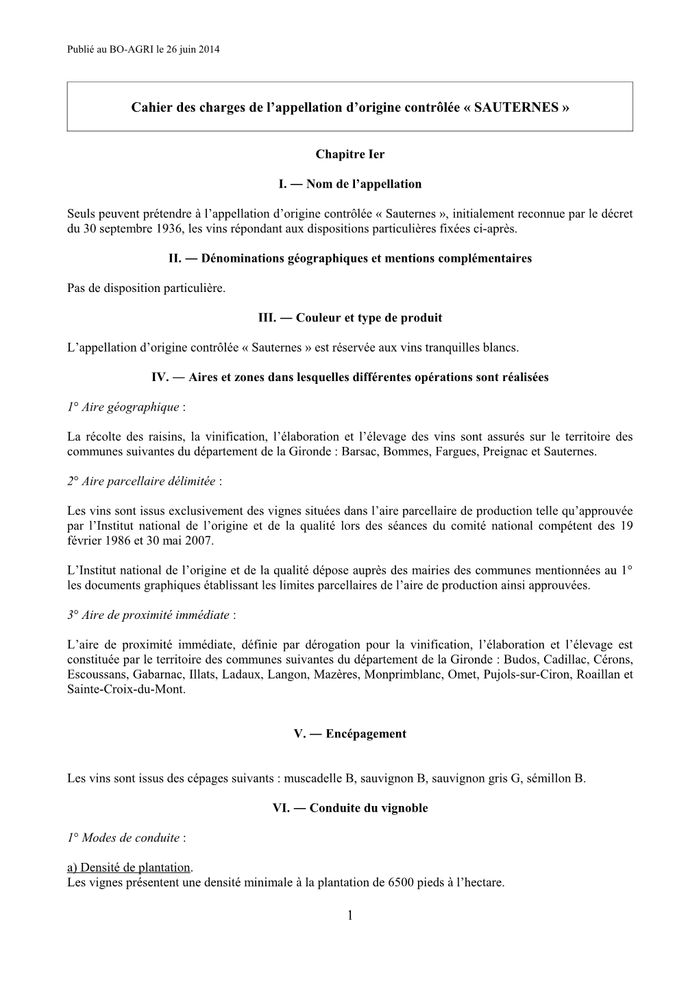 Cahier Des Charges De L'appellation D'origine Contrôlée Sauternes
