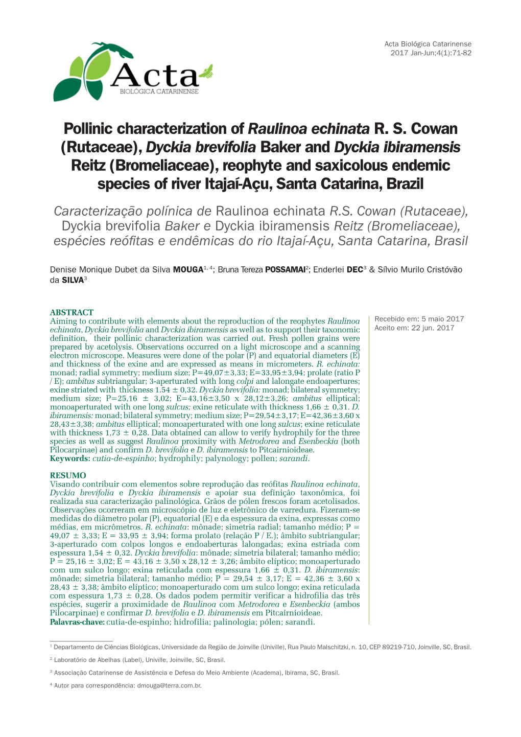 Pollinic Characterization of Raulinoa Echinata RS Cowan (Rutaceae)