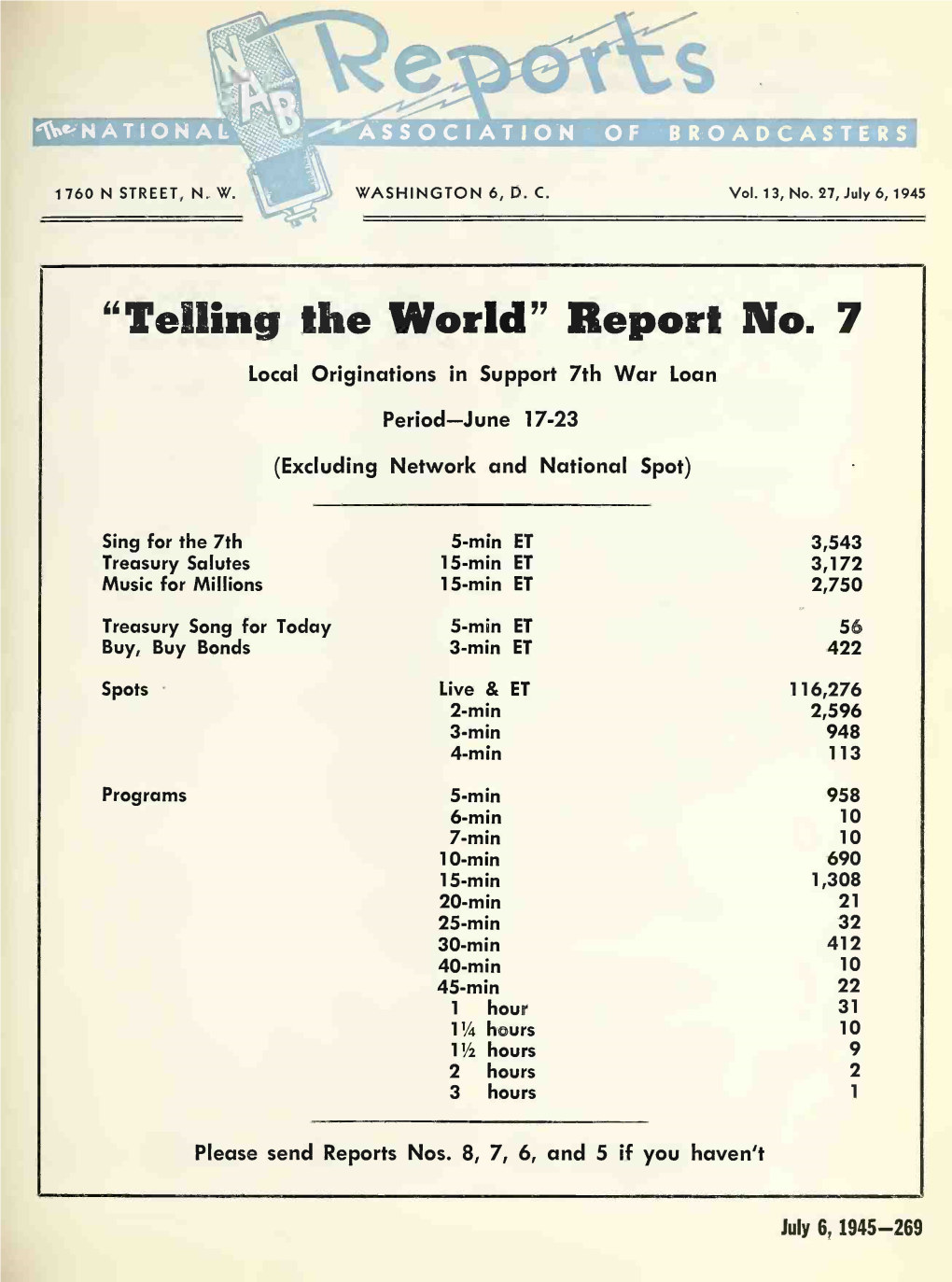 Report No. 7 Local Originations in Support 7Th War Loan Period-June 17-23 (Excluding Network and National Spot)