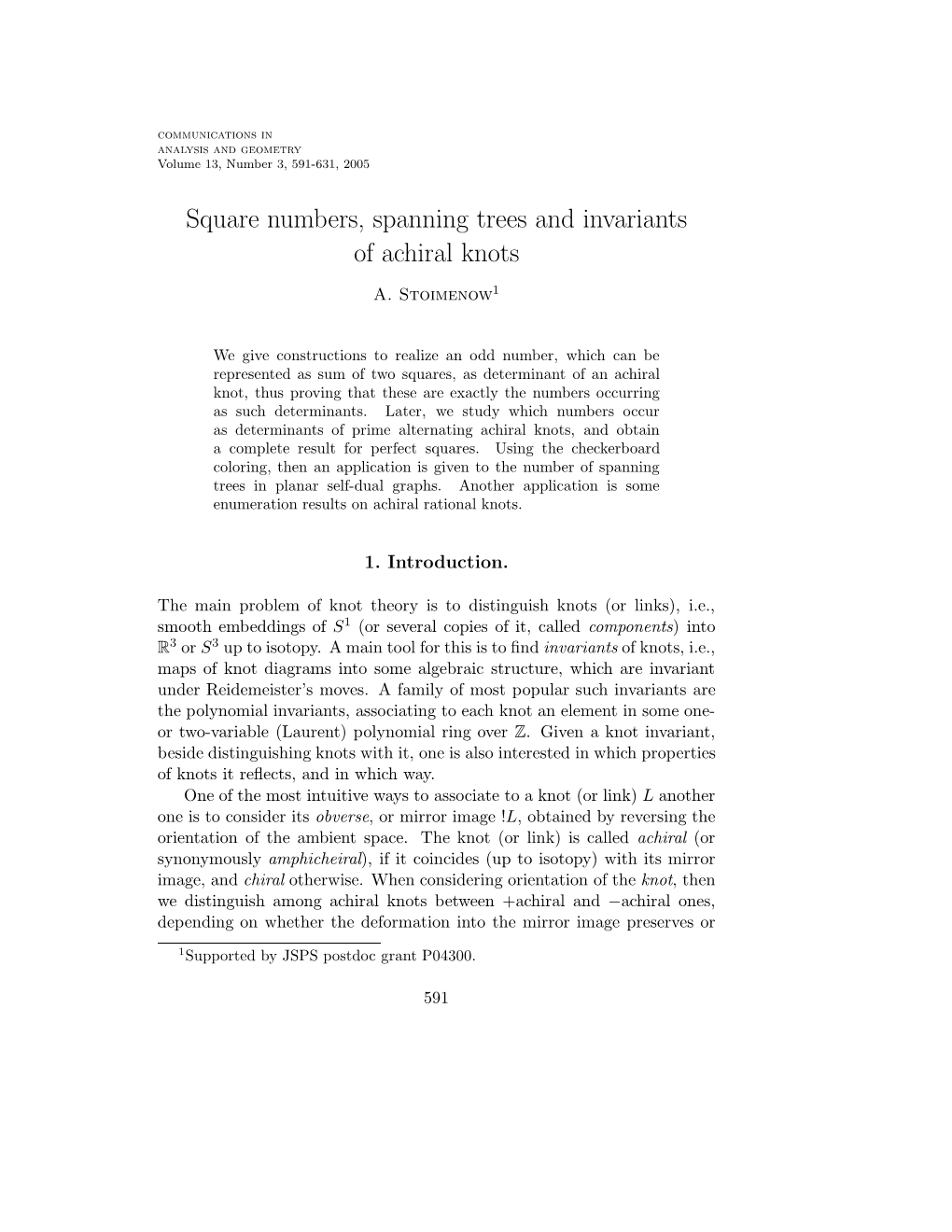 Square Numbers, Spanning Trees and Invariants of Achiral Knots A