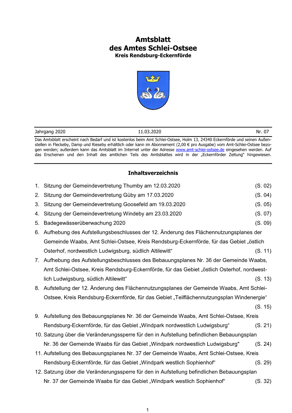 Amtsblatt Des Amtes Schlei-Ostsee Kreis Rendsburg-Eckernförde