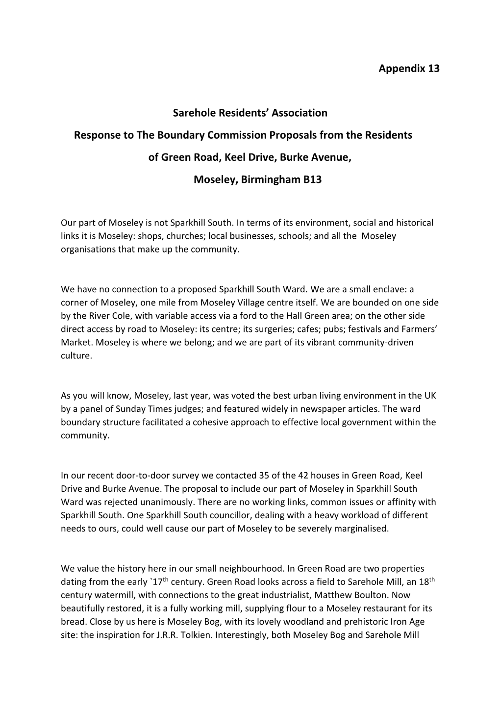 Appendix 13 Sarehole Residents' Association Response to The