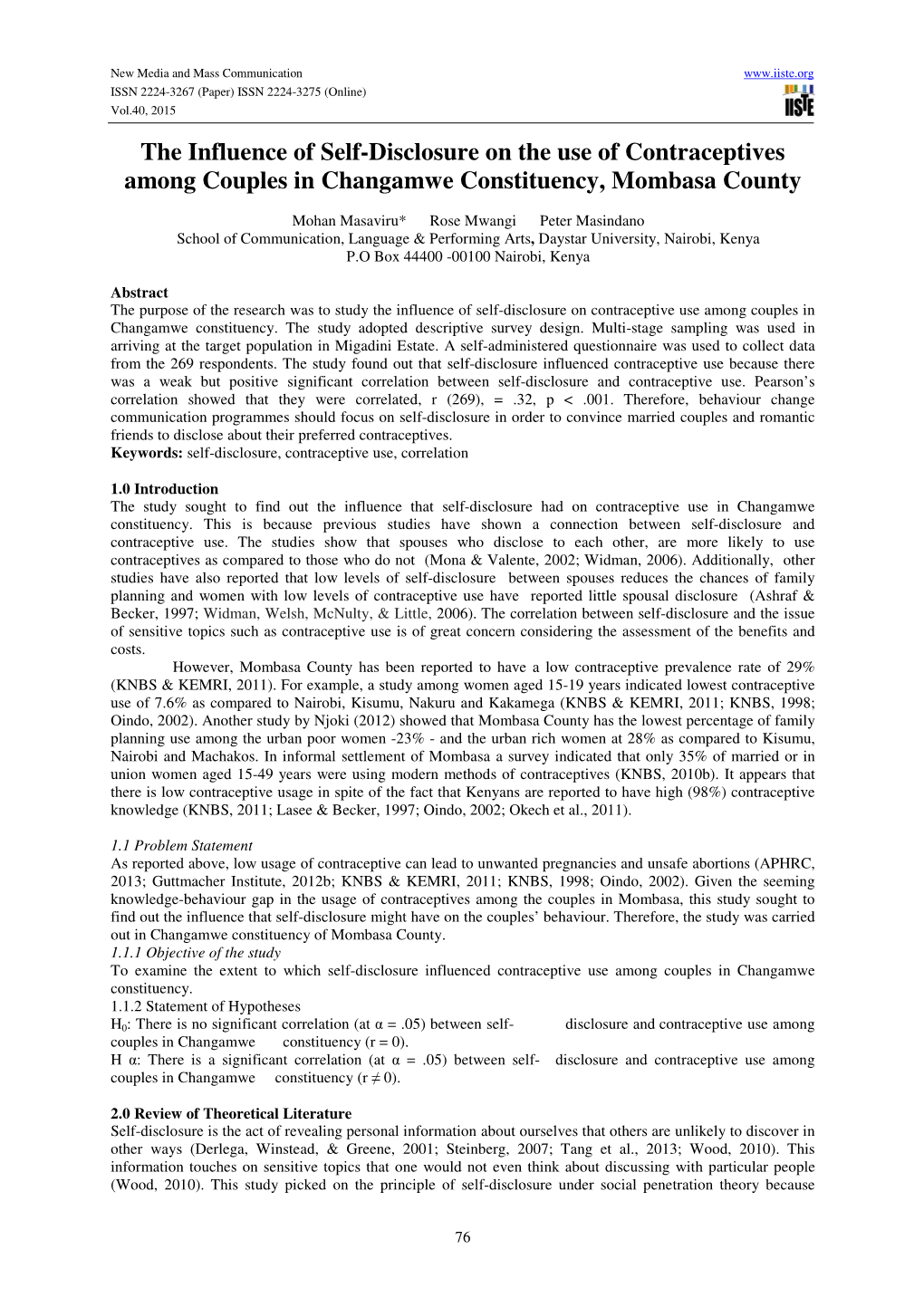 The Influence of Self-Disclosure on the Use of Contraceptives Among Couples in Changamwe Constituency, Mombasa County