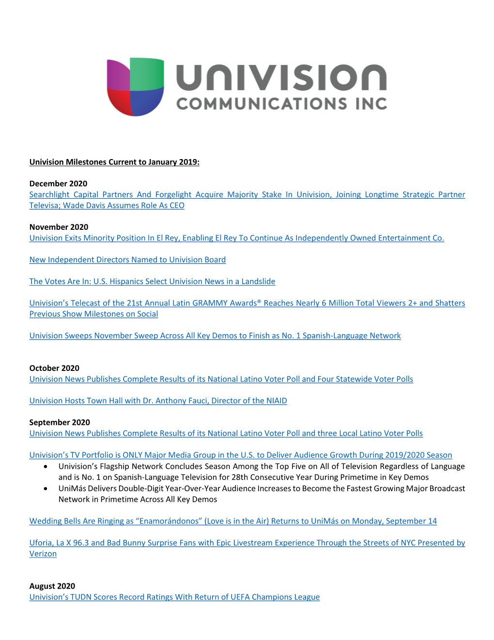 Univision Milestones Current to January 2019: December 2020