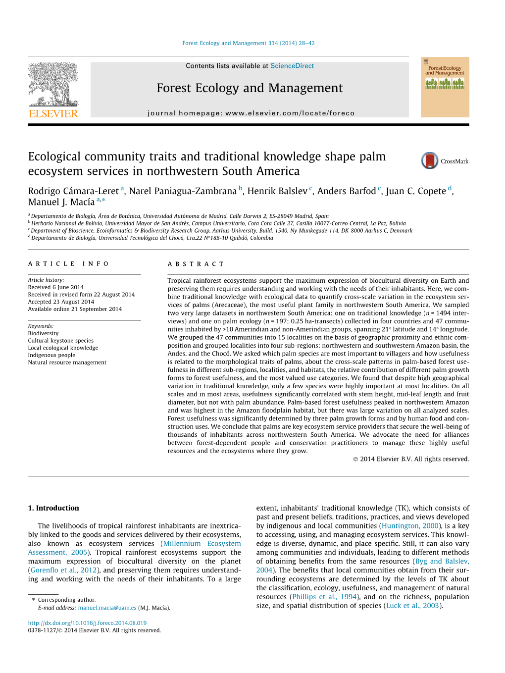 Ecological Community Traits and Traditional Knowledge Shape Palm Ecosystem Services in Northwestern South America