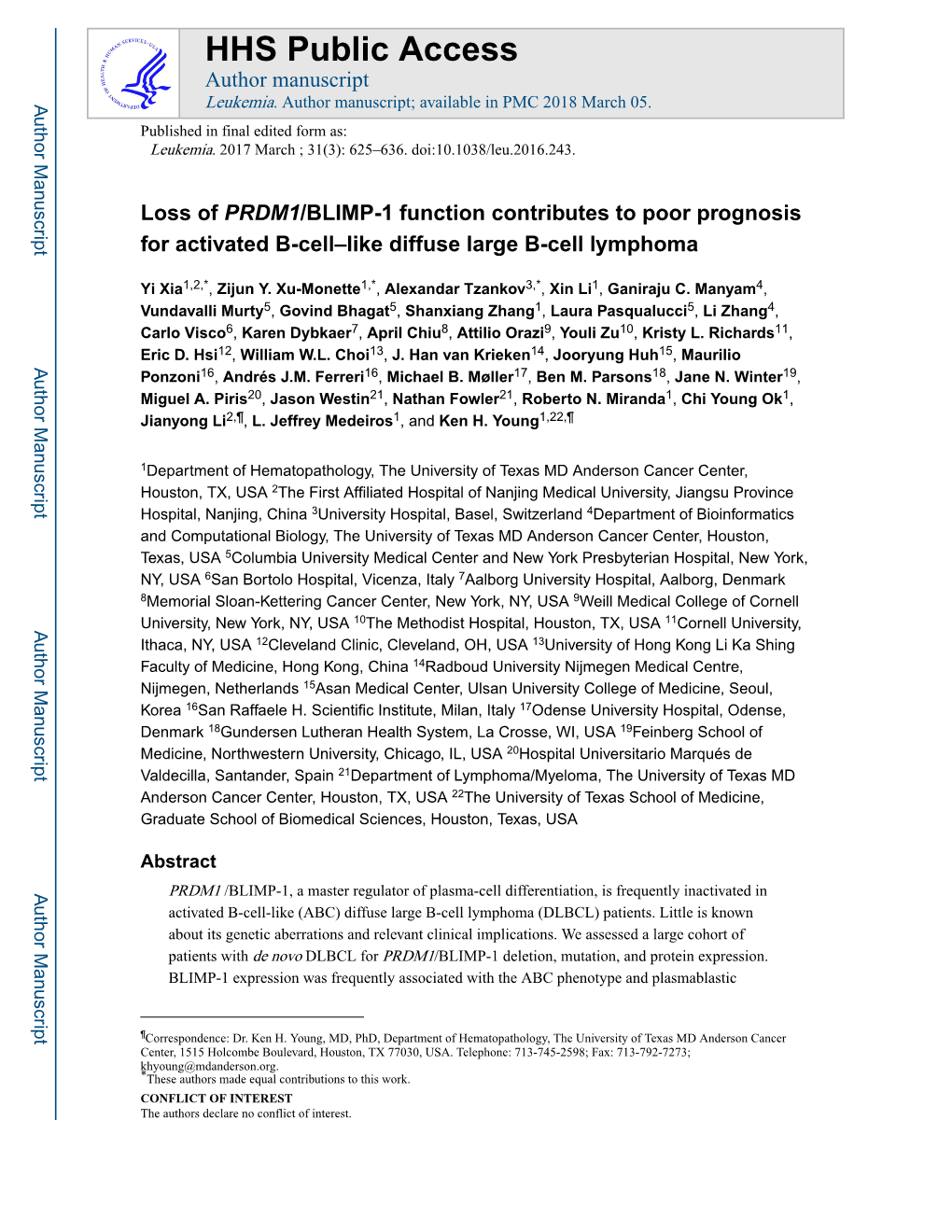 Loss of PRDM1/BLIMP-1 Function Contributes to Poor Prognosis for Activated B-Cell–Like Diffuse Large B-Cell Lymphoma