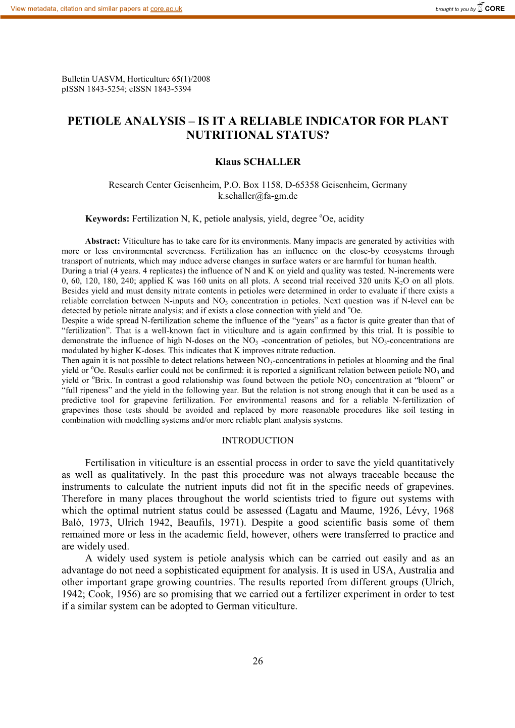 Petiole Analysis – Is It a Reliable Indicator for Plant Nutritional Status?